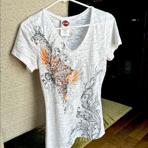 Harley-Davidson Women's White and Orange V-Neck Tee